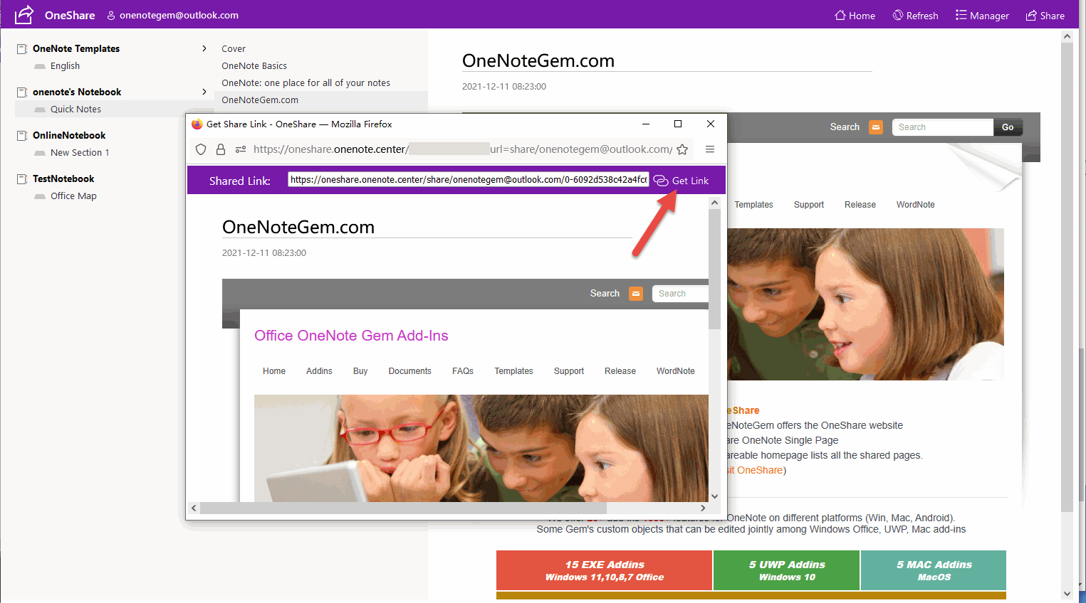 OneShare Generates Web Page and Shared Link