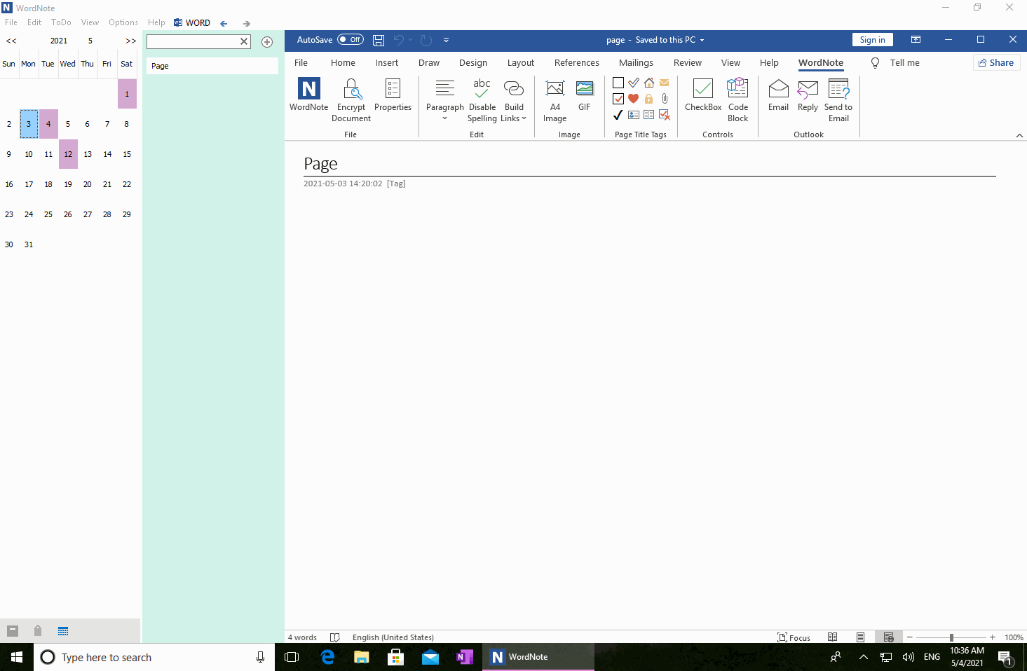 In WordNote, use calendar navigation to open notes based on a quick tour of the date.