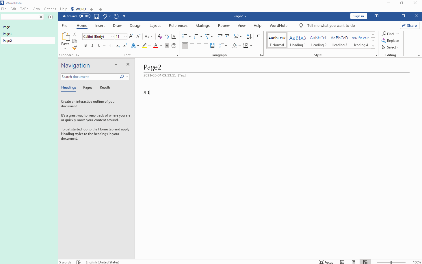 Enter the quick command phrase /h1 before the new paragraph entry begins