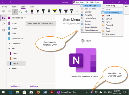 Gem Menu for OneNote UWP